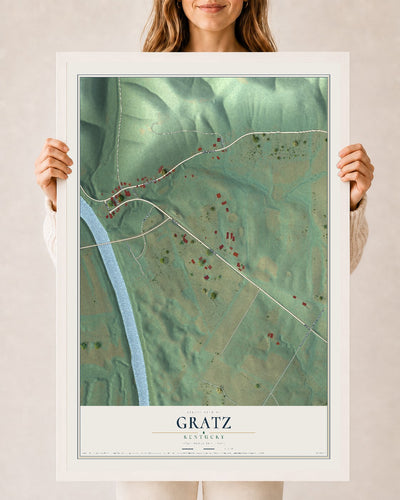 Map of Gratz, Kentucky, 24 x 36 inch print in a white wood frame