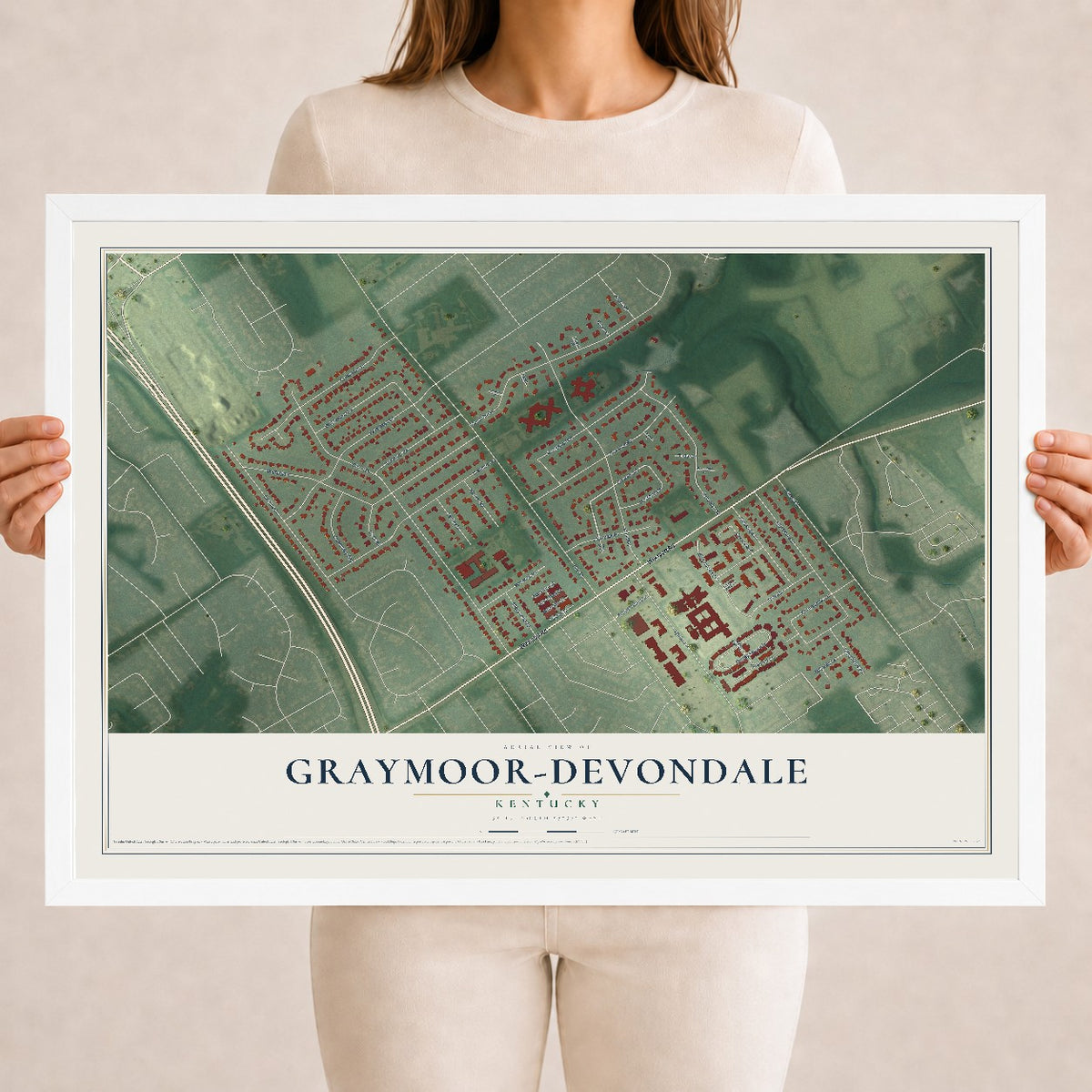 Map of Graymoor-Devondale, Kentucky, 18 x 24 inch print in a white wood frame