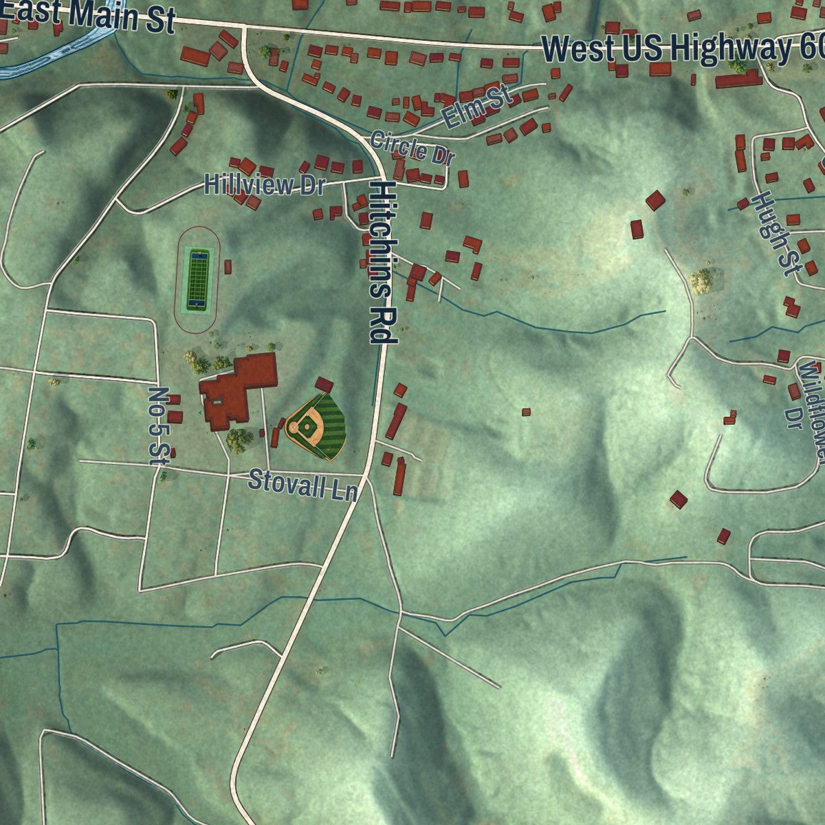Second close-up of the map of Grayson, Kentucky print showing more streets and buildings