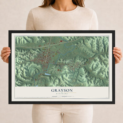 Map of Grayson, Kentucky, 12 x 18 inch print in a black wood frame