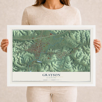 Map of Grayson, Kentucky, 12 x 18 inch print in a white wood frame