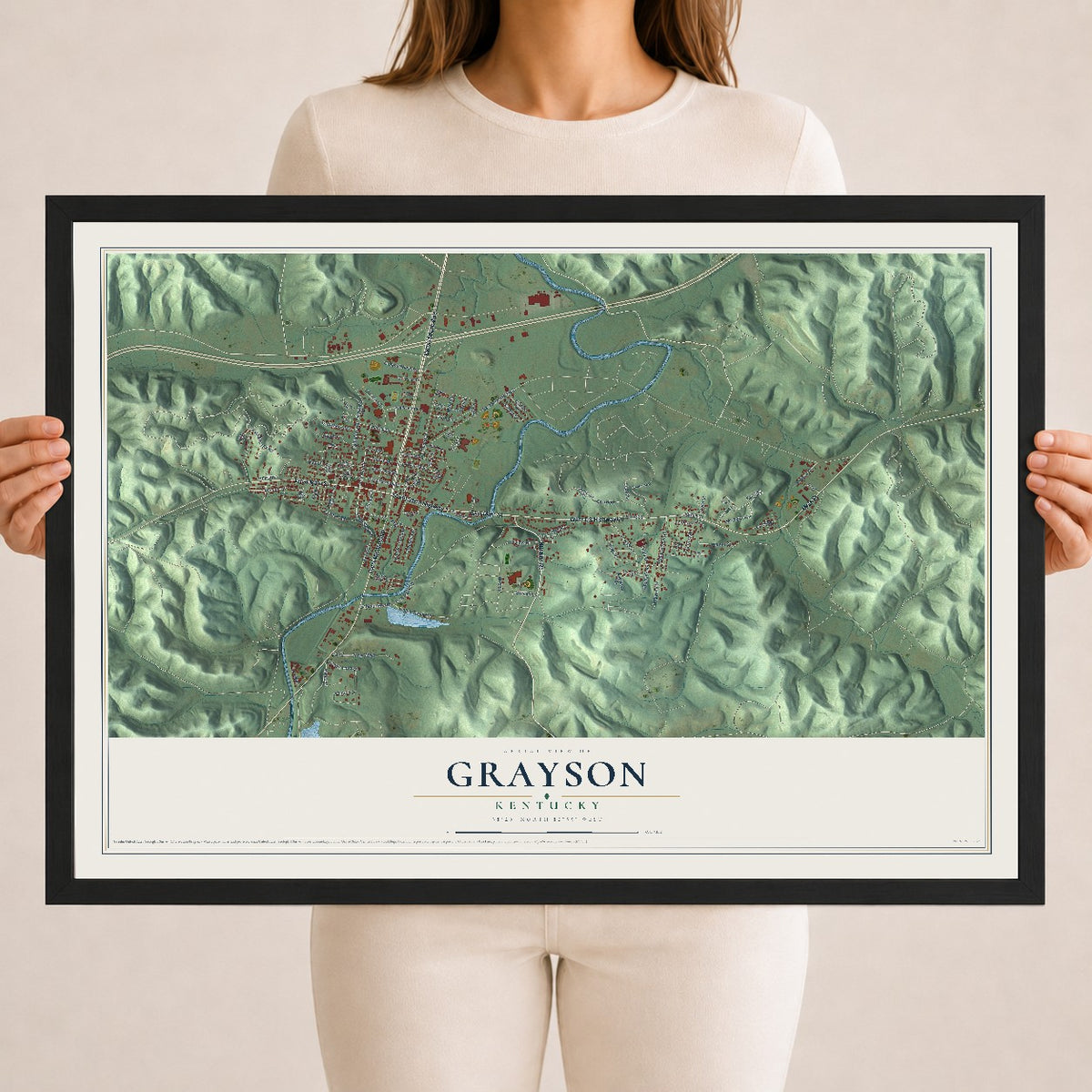 Map of Grayson, Kentucky, 18 x 24 inch print in a black wood frame