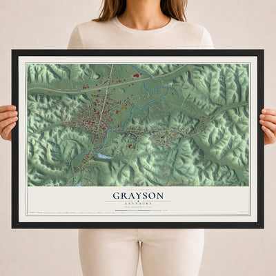 Map of Grayson, Kentucky, 18 x 24 inch print in a black wood frame