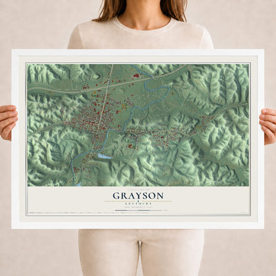 Map of Grayson, Kentucky, 18 x 24 inch print in a white wood frame