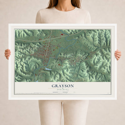 Map of Grayson, Kentucky, 24 x 36 inch print in a white wood frame