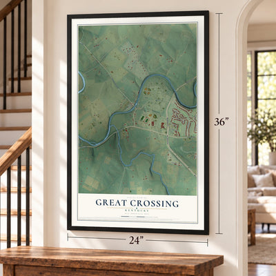 Great Crossing, Kentucky map, 24 x 36 inch print in a black frame by a staircase