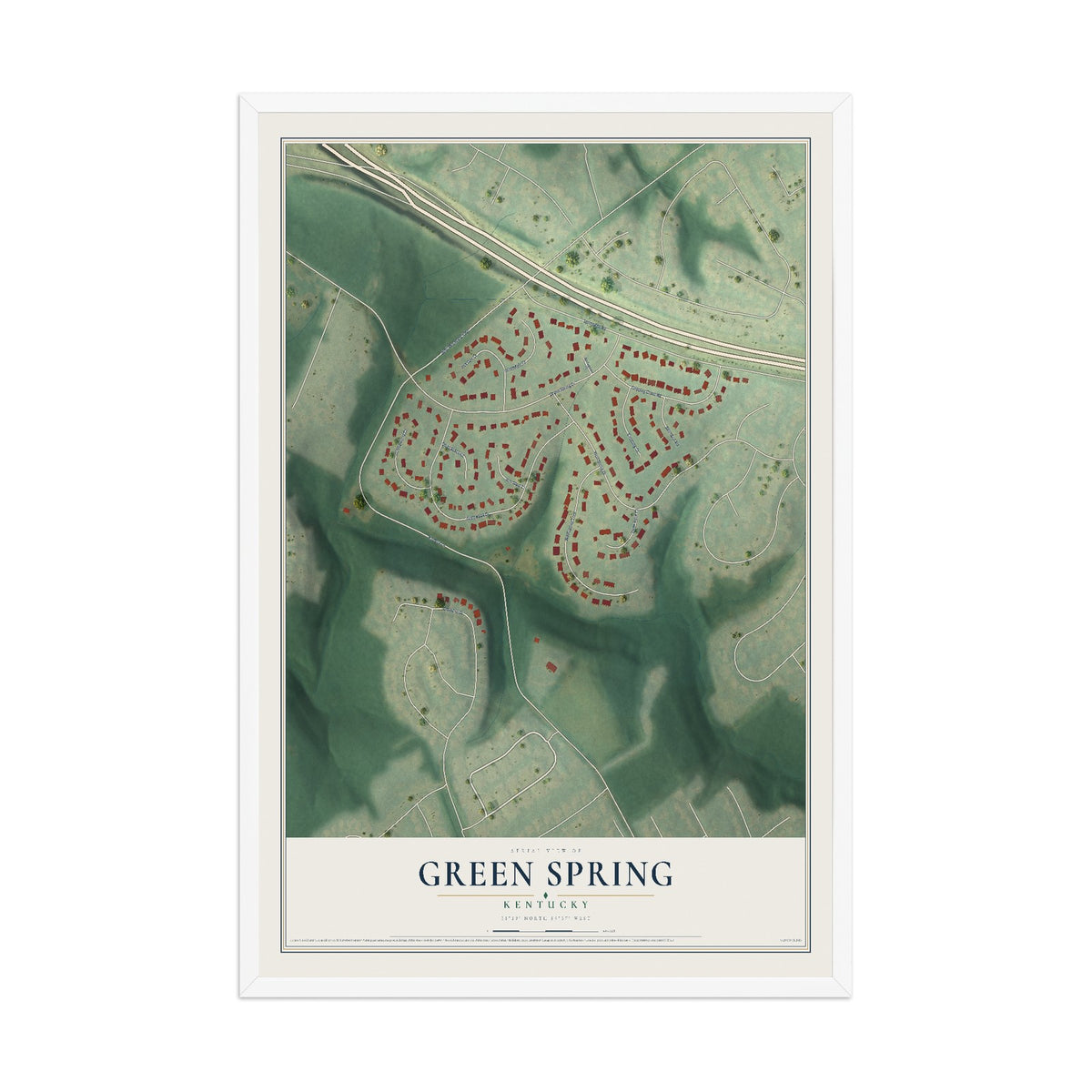 Map of Green Spring, Kentucky, 12 x 18 inch print in a white wood frame