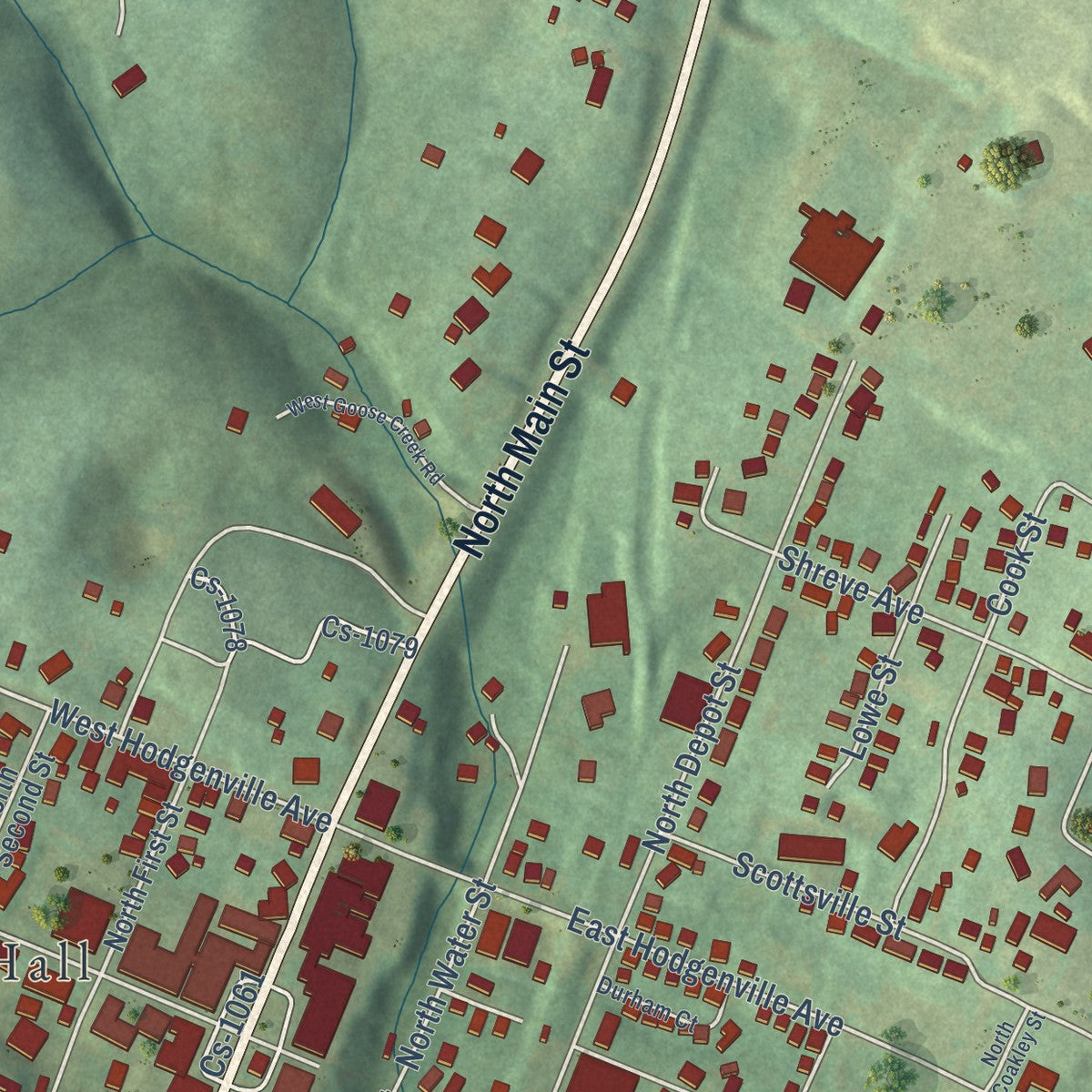 Second close-up of the map of Greensburg, Kentucky print showing more streets and buildings