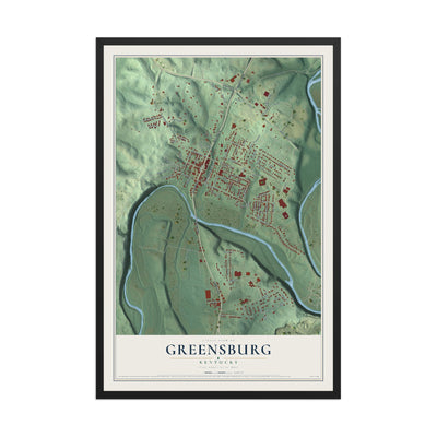 Map of Greensburg, Kentucky, 12 x 18 inch print in a black wood frame