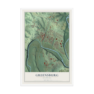 Map of Greensburg, Kentucky, 12 x 18 inch print in a white wood frame