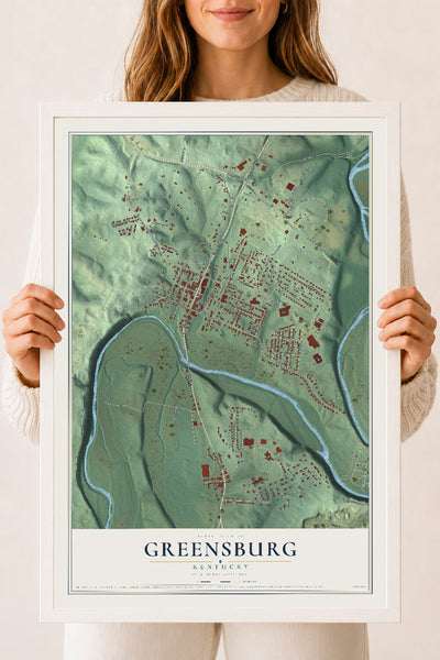 Map of Greensburg, Kentucky, 18 x 24 inch print in a white wood frame