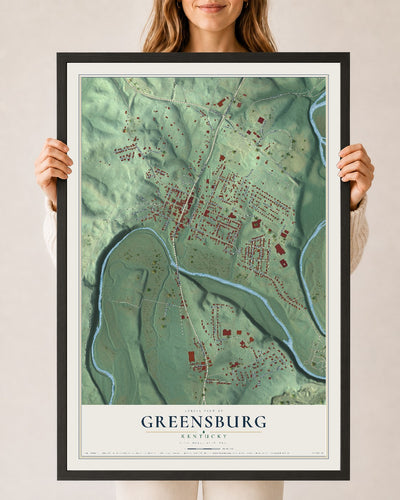Map of Greensburg, Kentucky, 24 x 36 inch print in a black wood frame