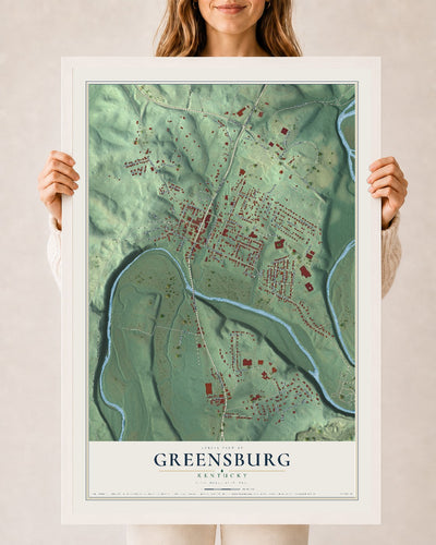 Map of Greensburg, Kentucky, 24 x 36 inch print in a white wood frame
