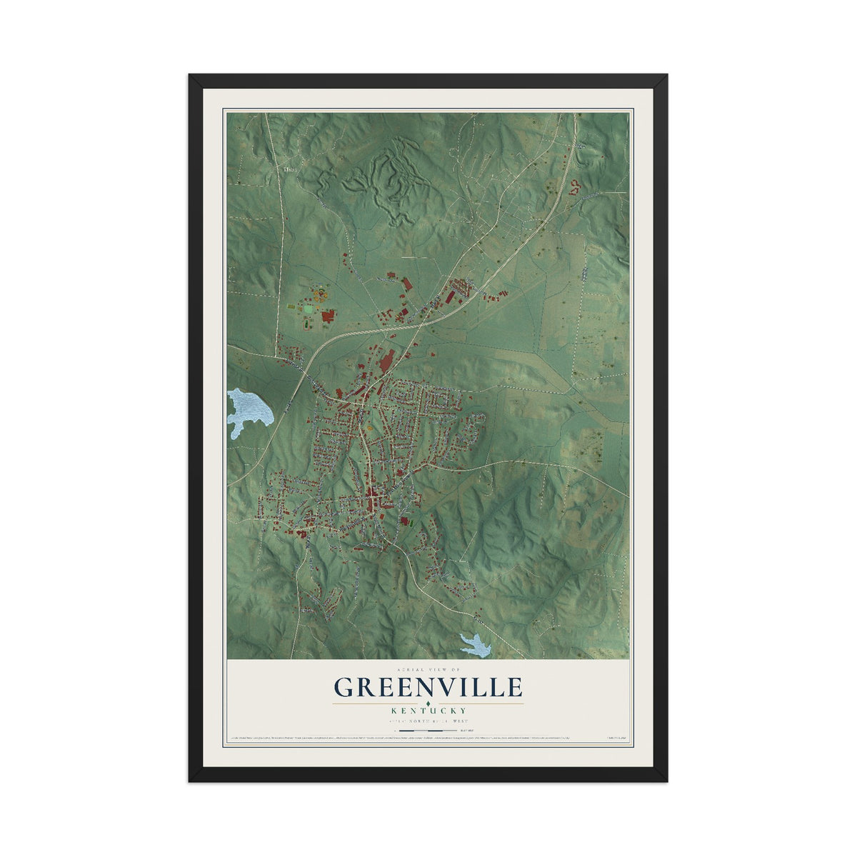 Map of Greenville, Kentucky, 12 x 18 inch print in a black wood frame