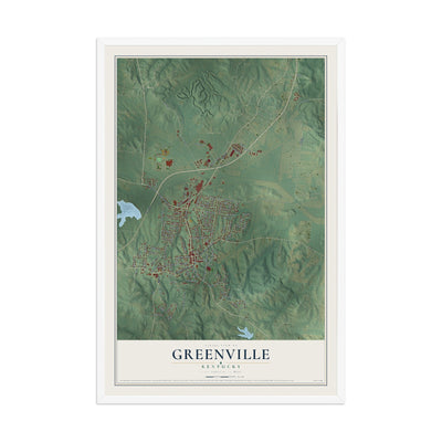 Map of Greenville, Kentucky, 12 x 18 inch print in a white wood frame