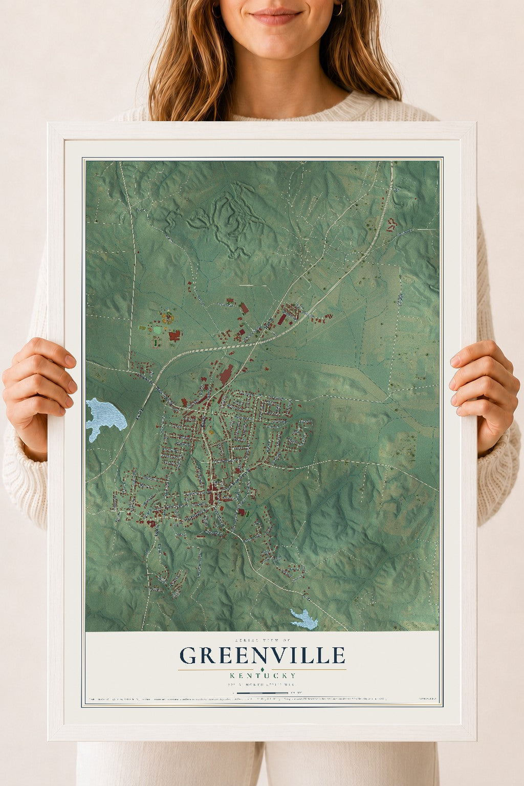 Map of Greenville, Kentucky, 18 x 24 inch print in a white wood frame