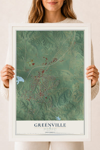 Map of Greenville, Kentucky, 18 x 24 inch print in a white wood frame