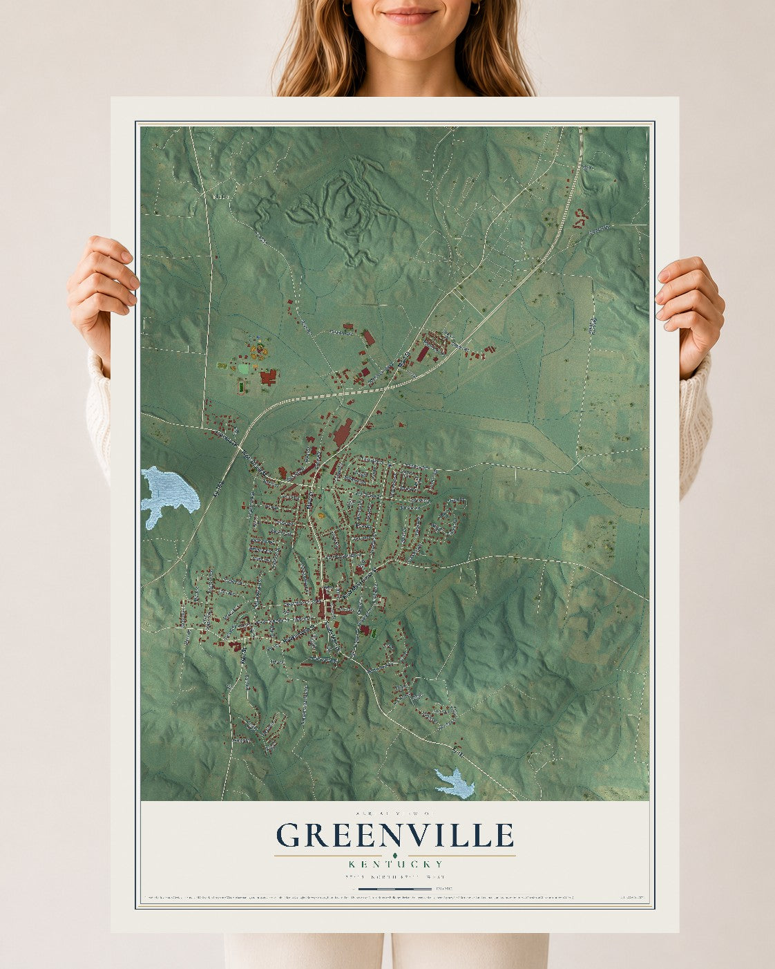 Map of Greenville, Kentucky, 24 x 36 inch unframed archival matte print