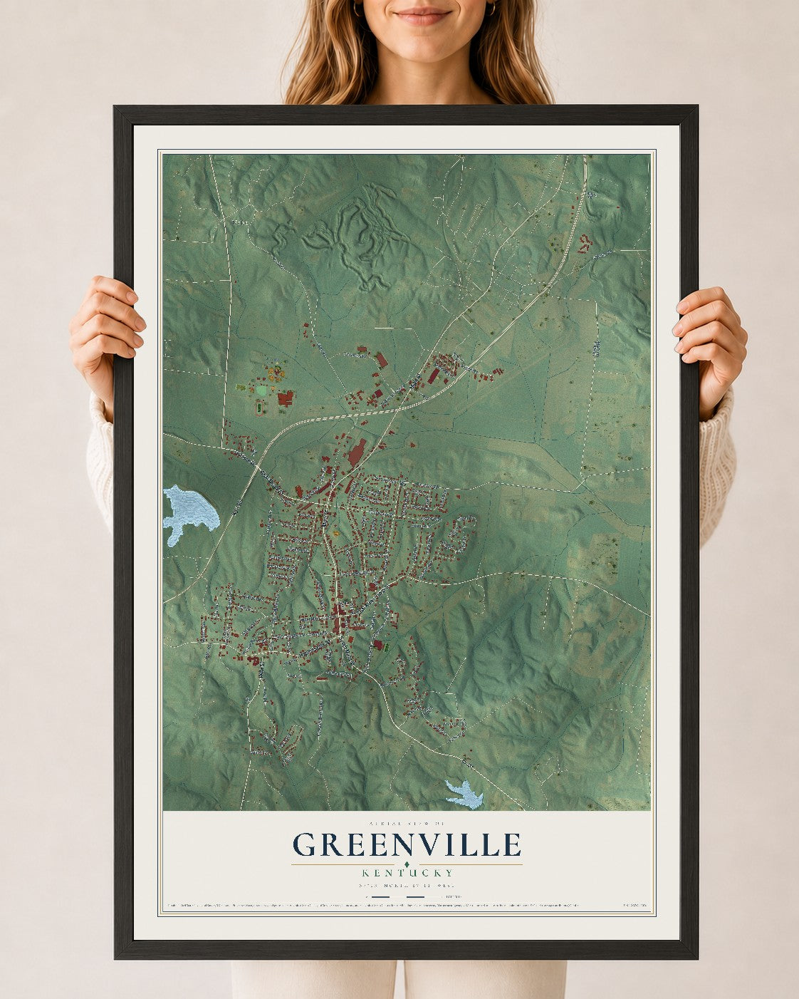 Map of Greenville, Kentucky, 24 x 36 inch print in a black wood frame
