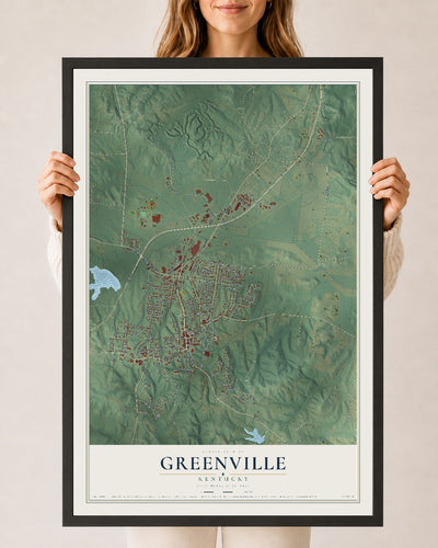 Map of Greenville, Kentucky, 24 x 36 inch print in a black wood frame