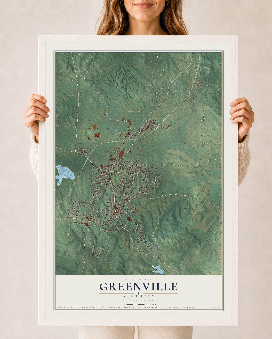 Map of Greenville, Kentucky, 24 x 36 inch print in a white wood frame
