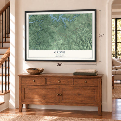 Grove, Kentucky map, 24 x 36 inch print in a black frame above a dresser by a staircase