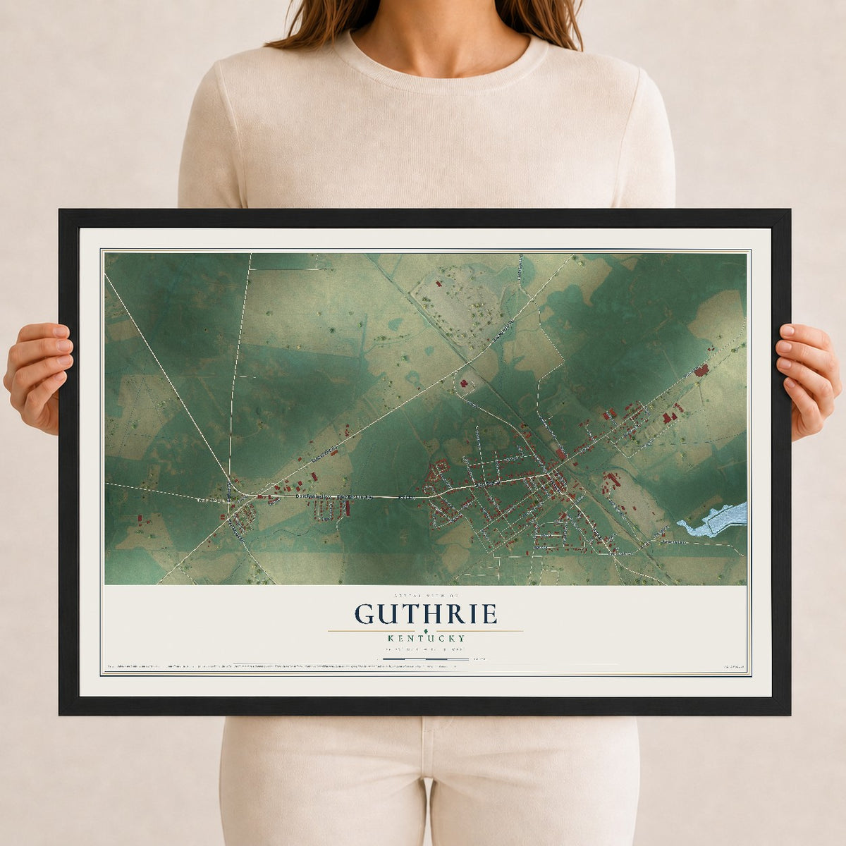 Map of Guthrie, Kentucky, 12 x 18 inch print in a black wood frame