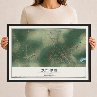 Map of Guthrie, Kentucky, 12 x 18 inch print in a black wood frame