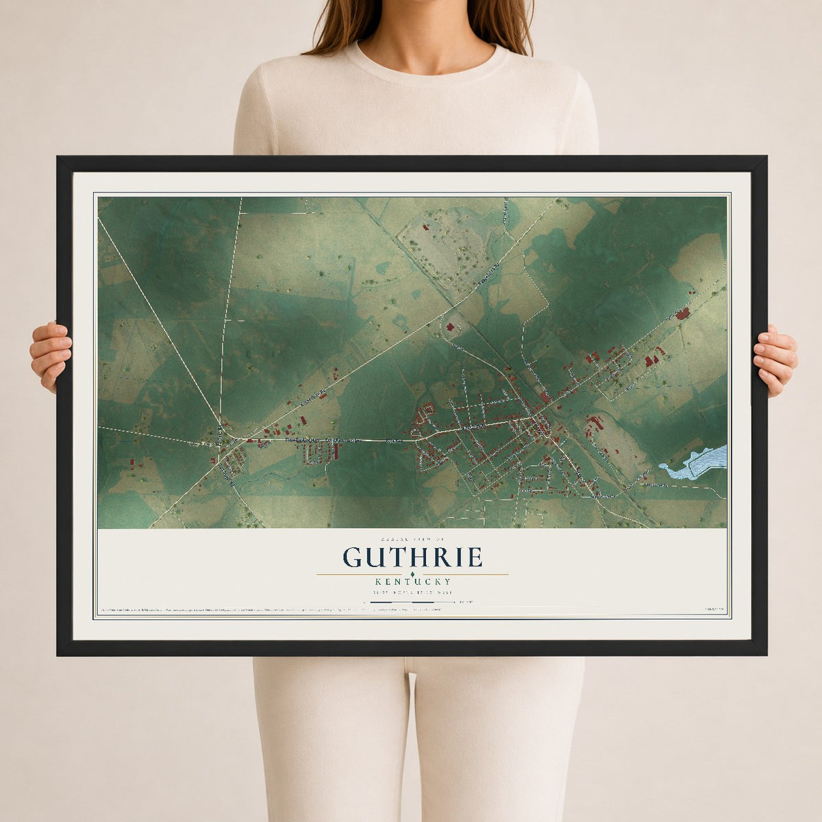 Map of Guthrie, Kentucky, 24 x 36 inch print in a black wood frame