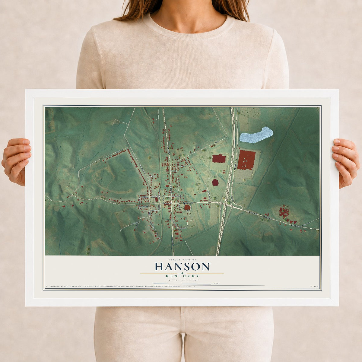 Map of Hanson, Kentucky, 12 x 18 inch print in a white wood frame