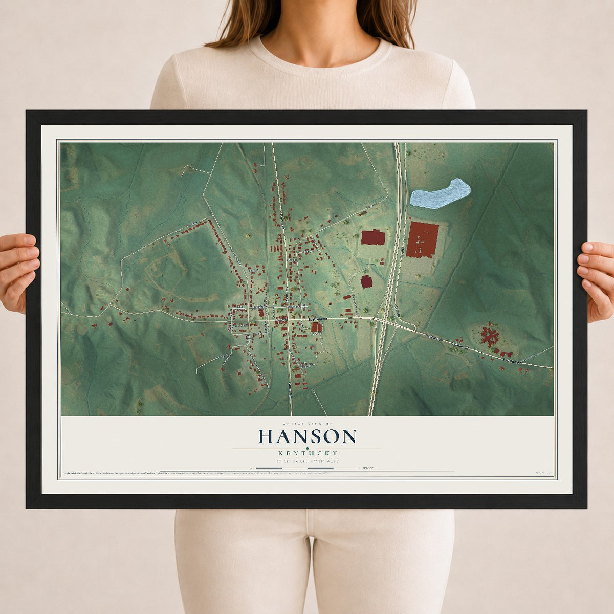 Map of Hanson, Kentucky, 18 x 24 inch print in a black wood frame
