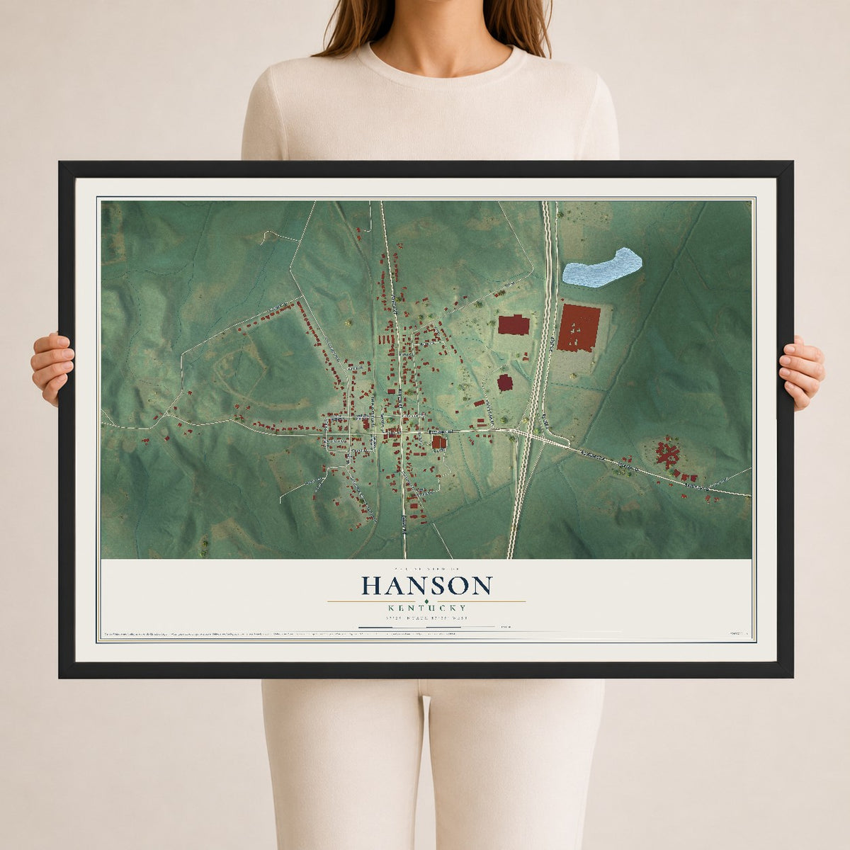 Map of Hanson, Kentucky, 24 x 36 inch print in a black wood frame