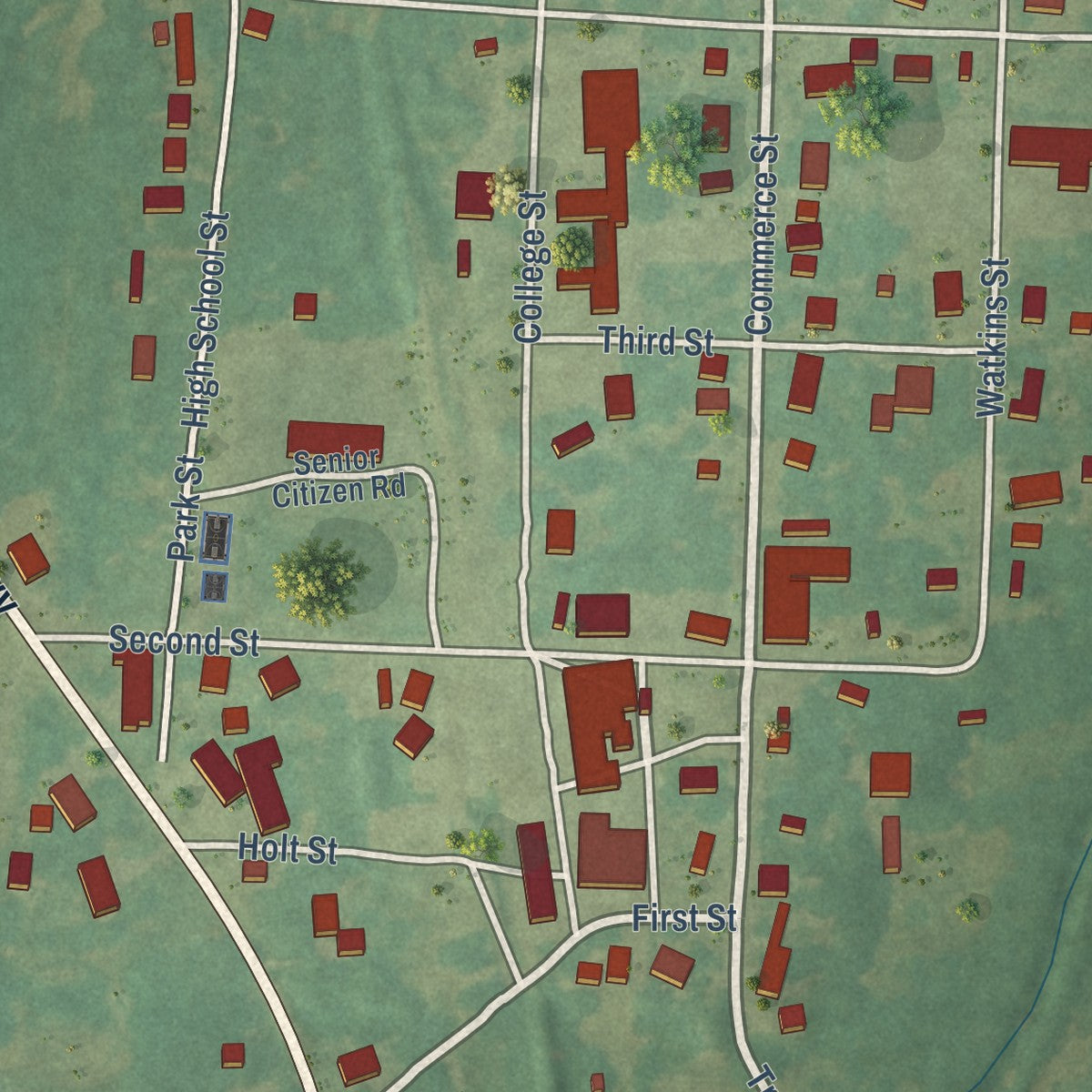 Close-up of the map of Hardin, Kentucky print showing street and building detail