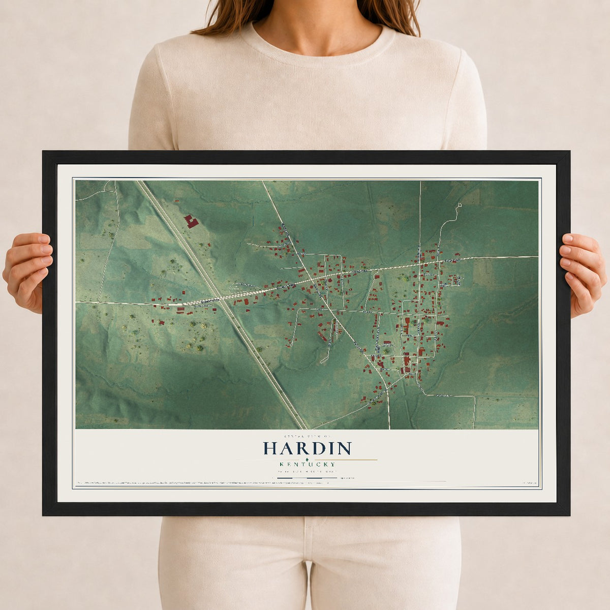 Map of Hardin, Kentucky, 12 x 18 inch print in a black wood frame