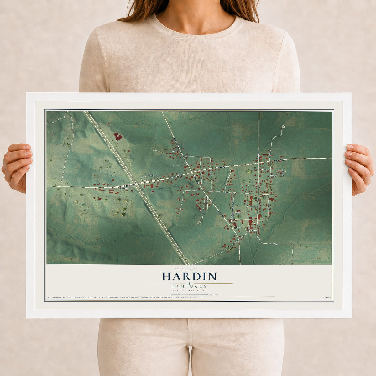 Map of Hardin, Kentucky, 12 x 18 inch print in a white wood frame