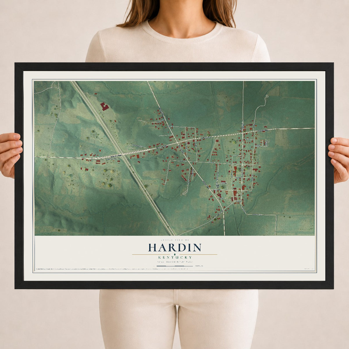 Map of Hardin, Kentucky, 18 x 24 inch print in a black wood frame