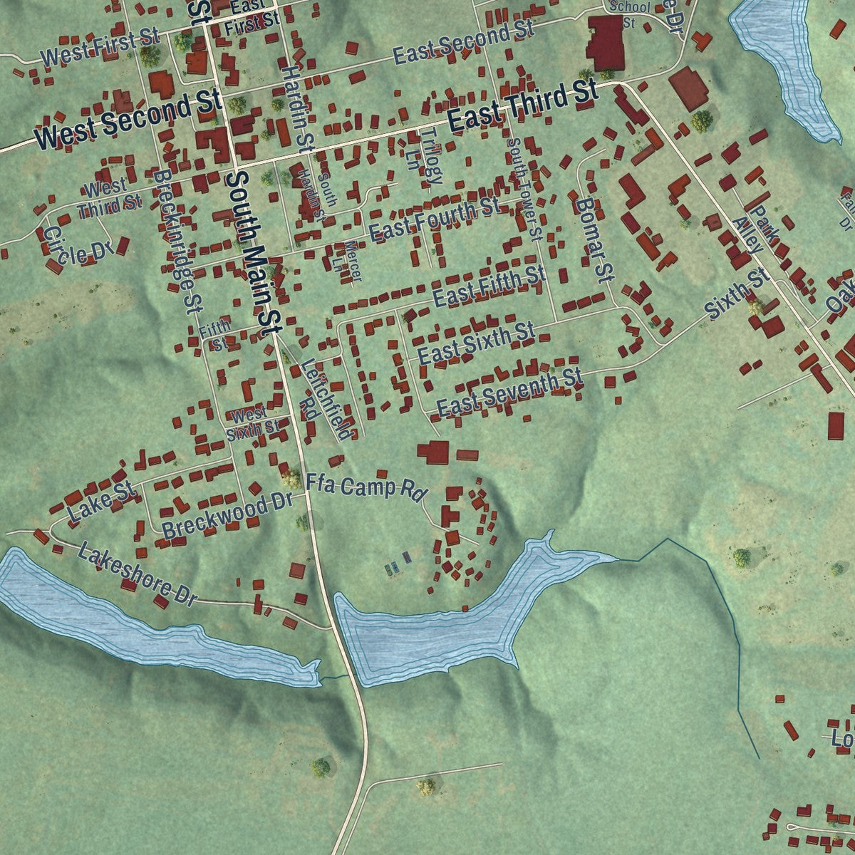 Close-up of the map of Hardinsburg, Kentucky print showing street and building detail