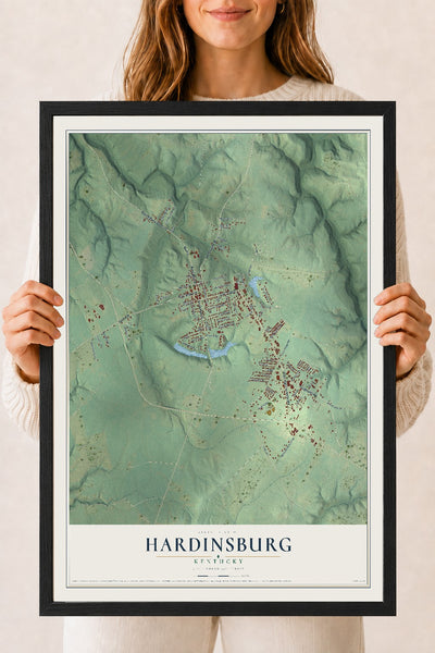 Map of Hardinsburg, Kentucky, 18 x 24 inch print in a black wood frame