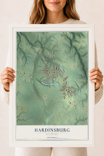 Map of Hardinsburg, Kentucky, 18 x 24 inch print in a white wood frame