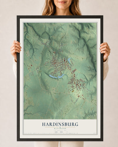 Map of Hardinsburg, Kentucky, 24 x 36 inch print in a black wood frame