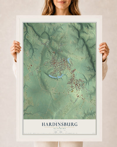 Map of Hardinsburg, Kentucky, 24 x 36 inch print in a white wood frame