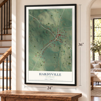 Hardyville, Kentucky map, 24 x 36 inch print in a black frame by a staircase