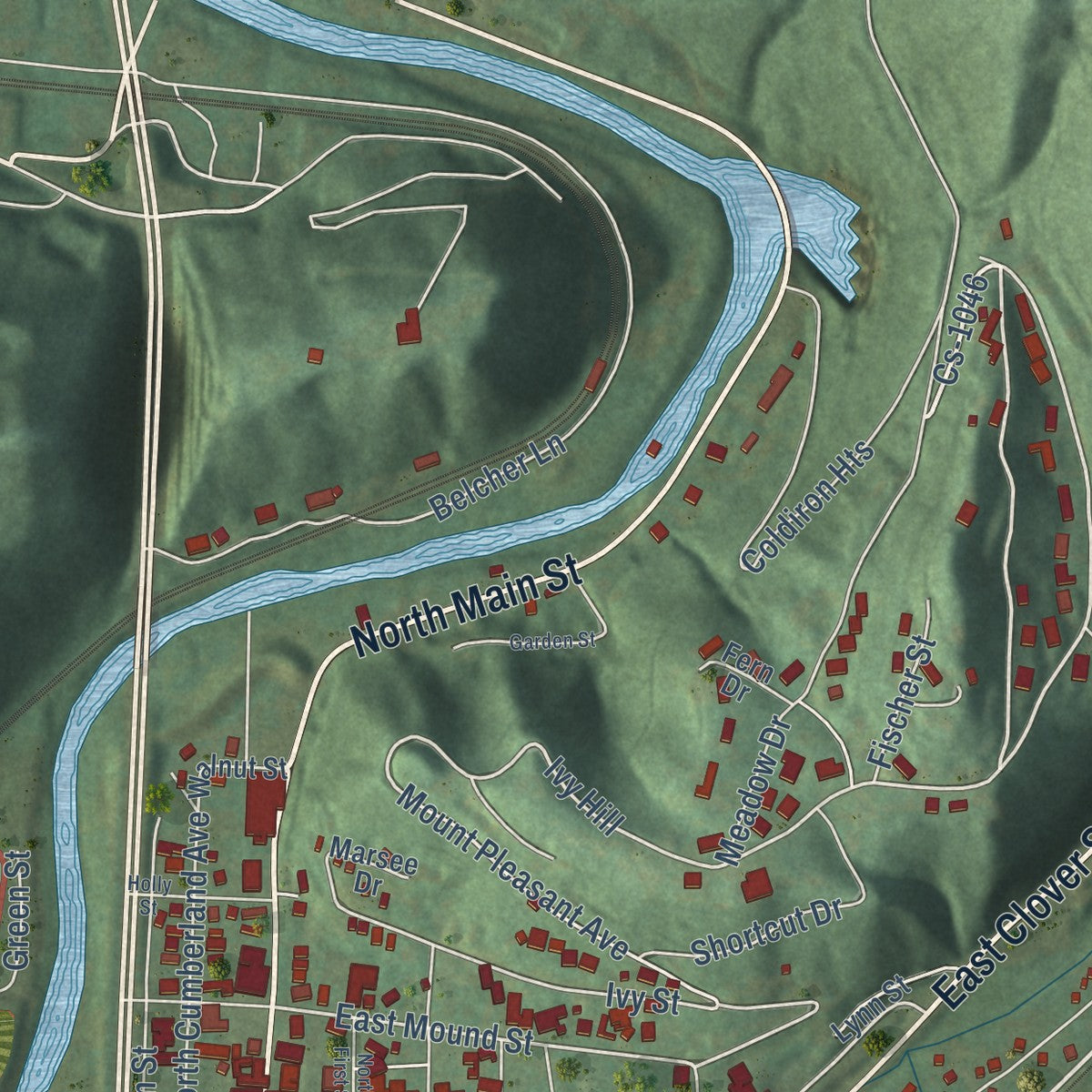 Close-up of the map of Harlan, Kentucky print showing street and building detail