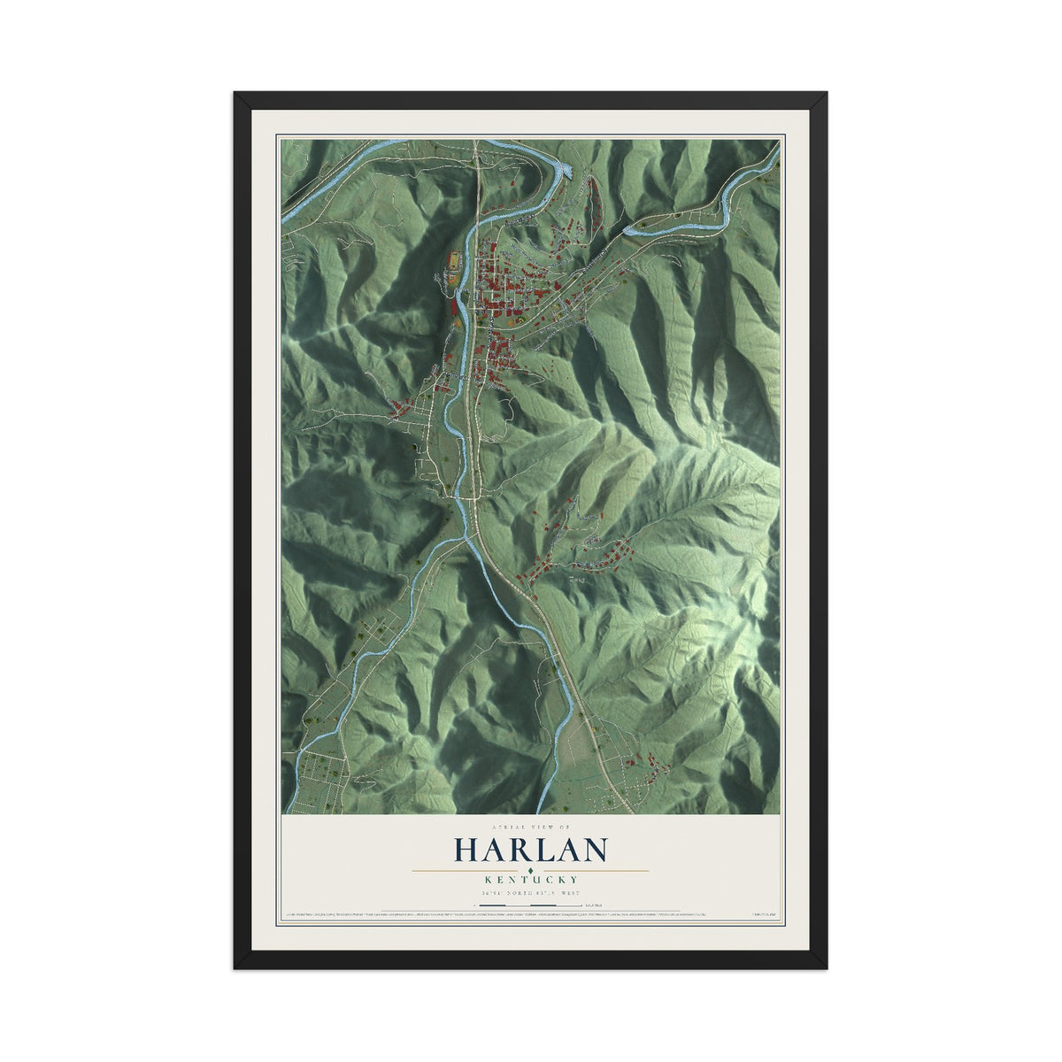 Map of Harlan, Kentucky, 12 x 18 inch print in a black wood frame