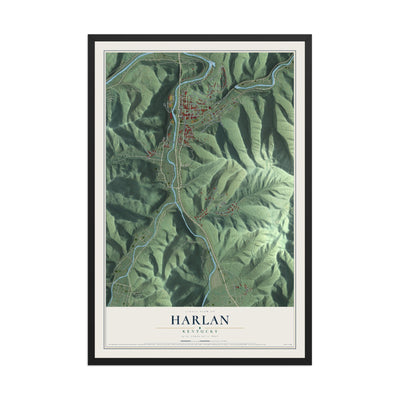 Map of Harlan, Kentucky, 12 x 18 inch print in a black wood frame