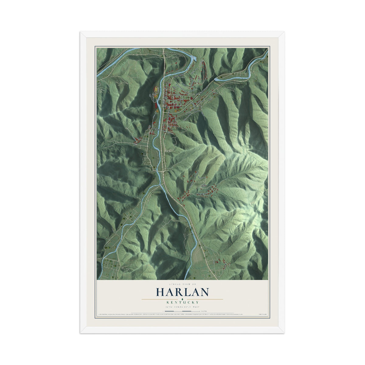 Map of Harlan, Kentucky, 12 x 18 inch print in a white wood frame
