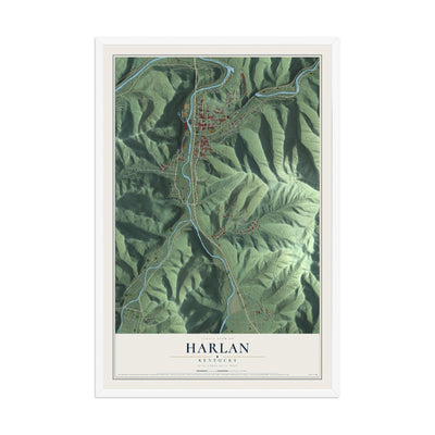 Map of Harlan, Kentucky, 12 x 18 inch print in a white wood frame