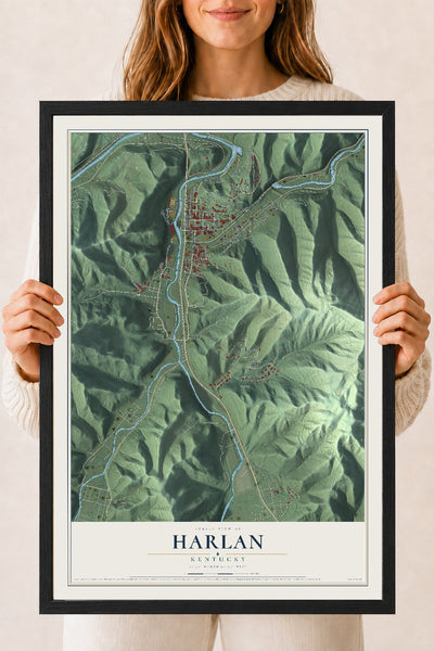 Map of Harlan, Kentucky, 18 x 24 inch print in a black wood frame
