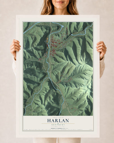 Map of Harlan, Kentucky, 24 x 36 inch print in a white wood frame