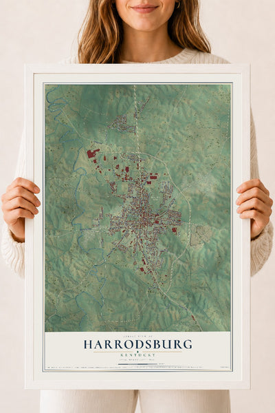 Map of Harrodsburg, Kentucky, 18 x 24 inch print in a white wood frame